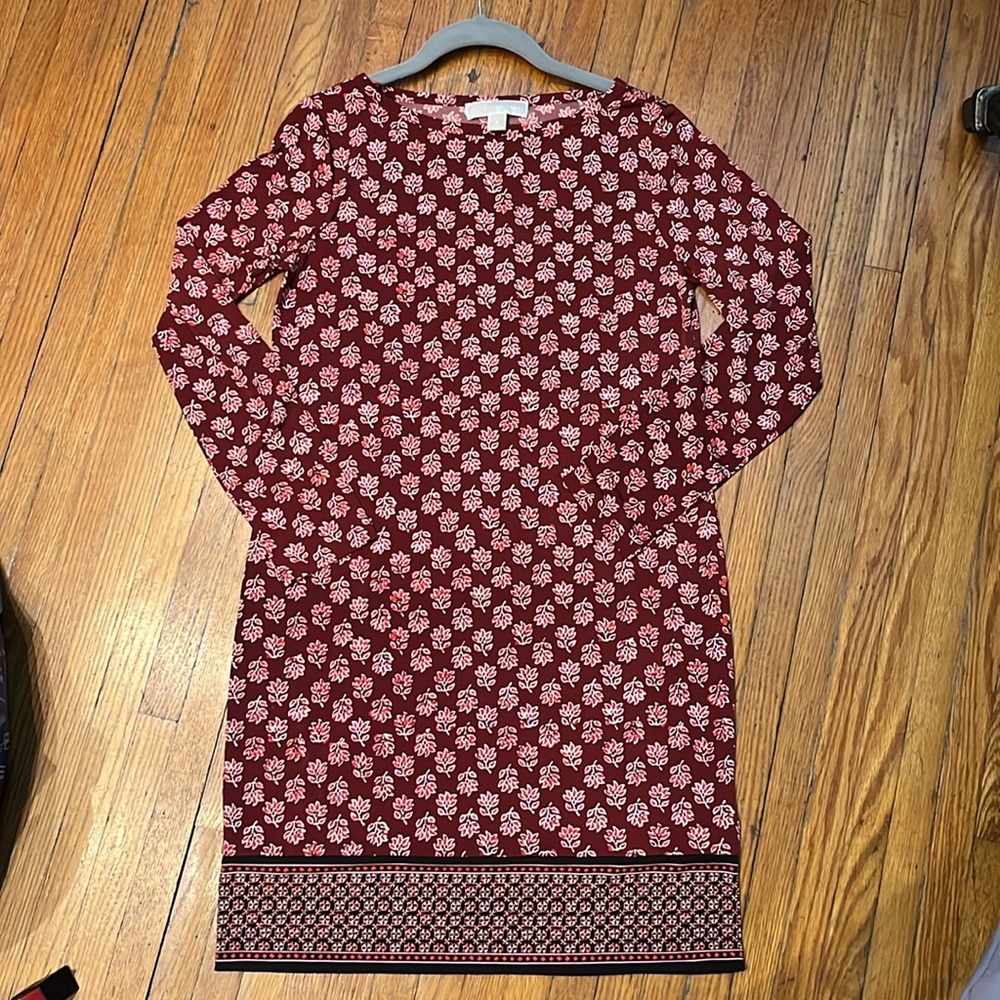 Michael Kors Sheath Dress Womens Size Xs Burgundy Floral Stretch Long Sleeve SM